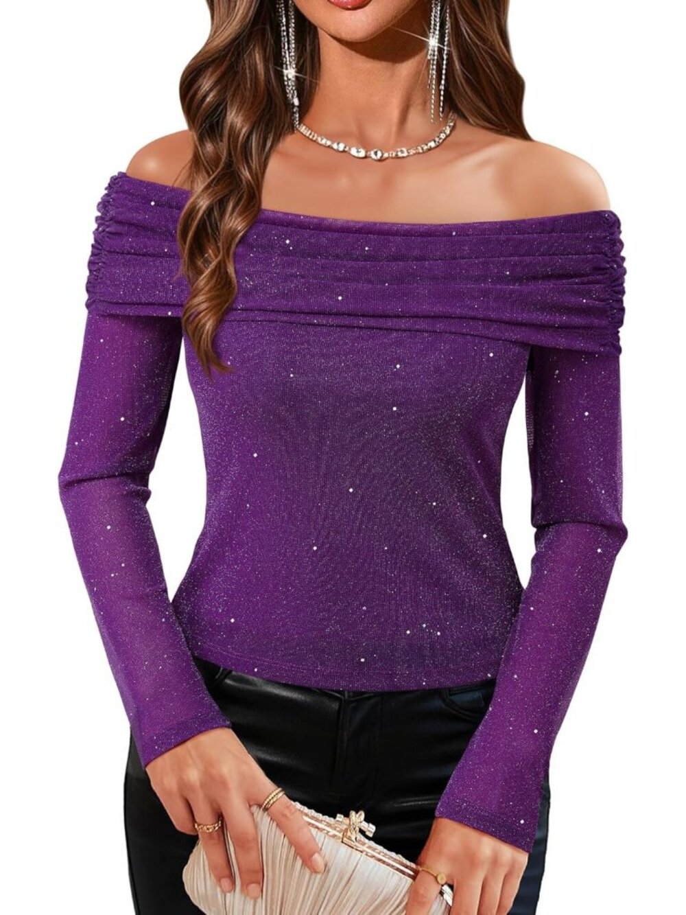 Women's Purple Long Sleeve Shoulder Slimming Chiffon Mesh Ruched Blouse Top